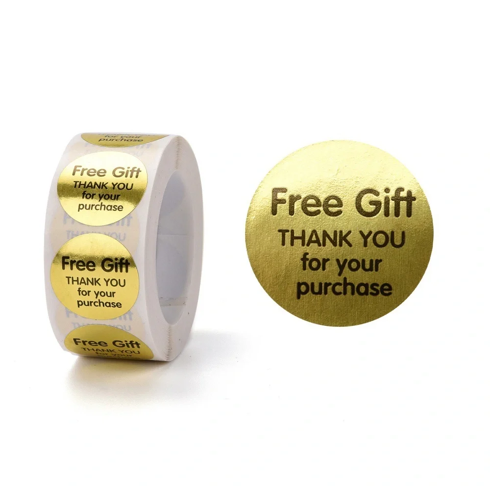 500 Free Gift Thank You Labels Roll, Shiny Gold